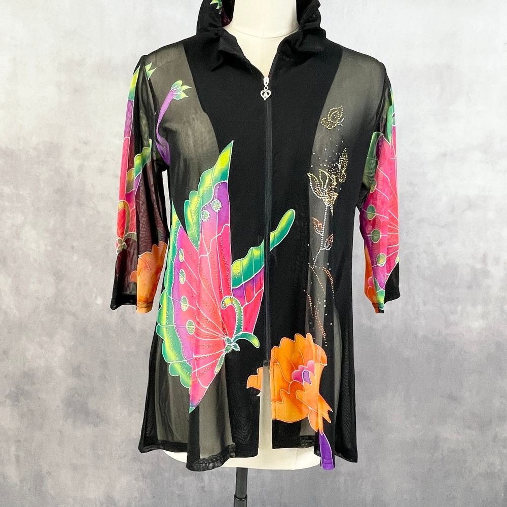 Valentina Womens‎ Jacket M Mesh Zip Floral Butterfly Artsy Festival Sheer Y2K